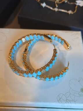 Gold Hoop Earrings with Turquoise Stones
